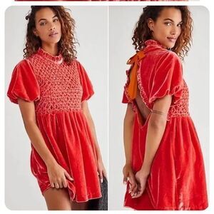 Free People Gum Drop Velour Open Back Mini Dress Tangerine Red Size L NEW
